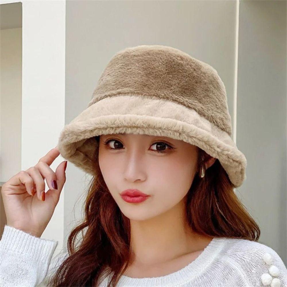 Windproof Women's Plush Hat Imitation Fur Warm Fisherman Hat Personality Wool Bucket Hat  Ladies