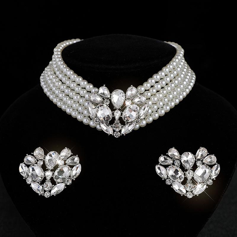 Full Diamond Peach Heart Multi-layer Pearl Necklace Stud Earrings Set Colored Rhinestone Necklace Love Crystal Necklace Women