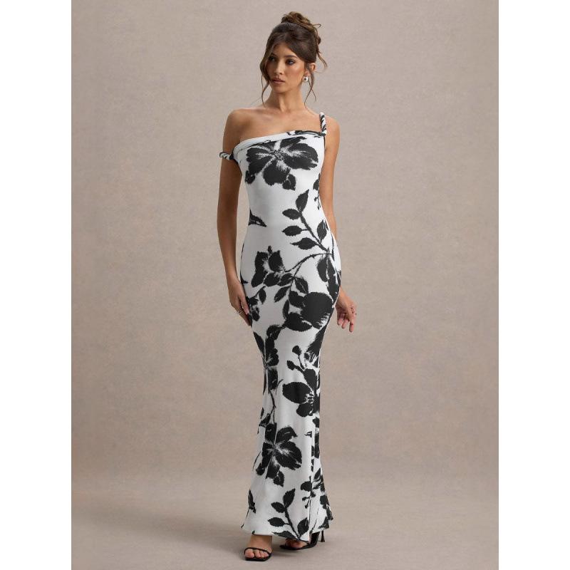 European and American style 2026 summer women's clothing sexy niche slanted shoulder curled edge slim fit hip wrap print dress