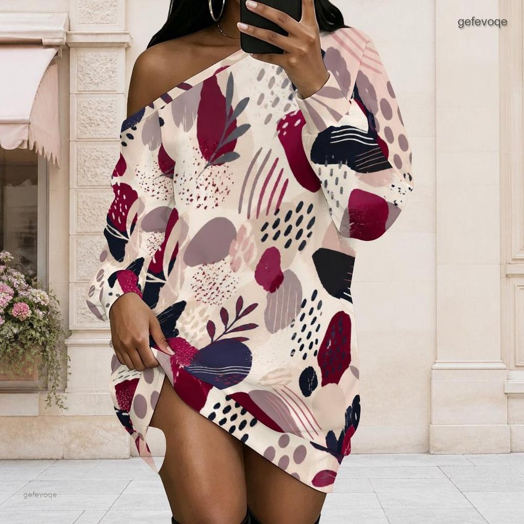 Women Plus Size Off Shoulder Long Sleeve Geometric Print Loose Tunic Dress