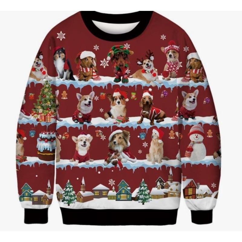 Christmas Pattern Cute Cat Dog Surroundings Autumn Winter Long Sleeved Fashionable Casual Loose Women's Pullover