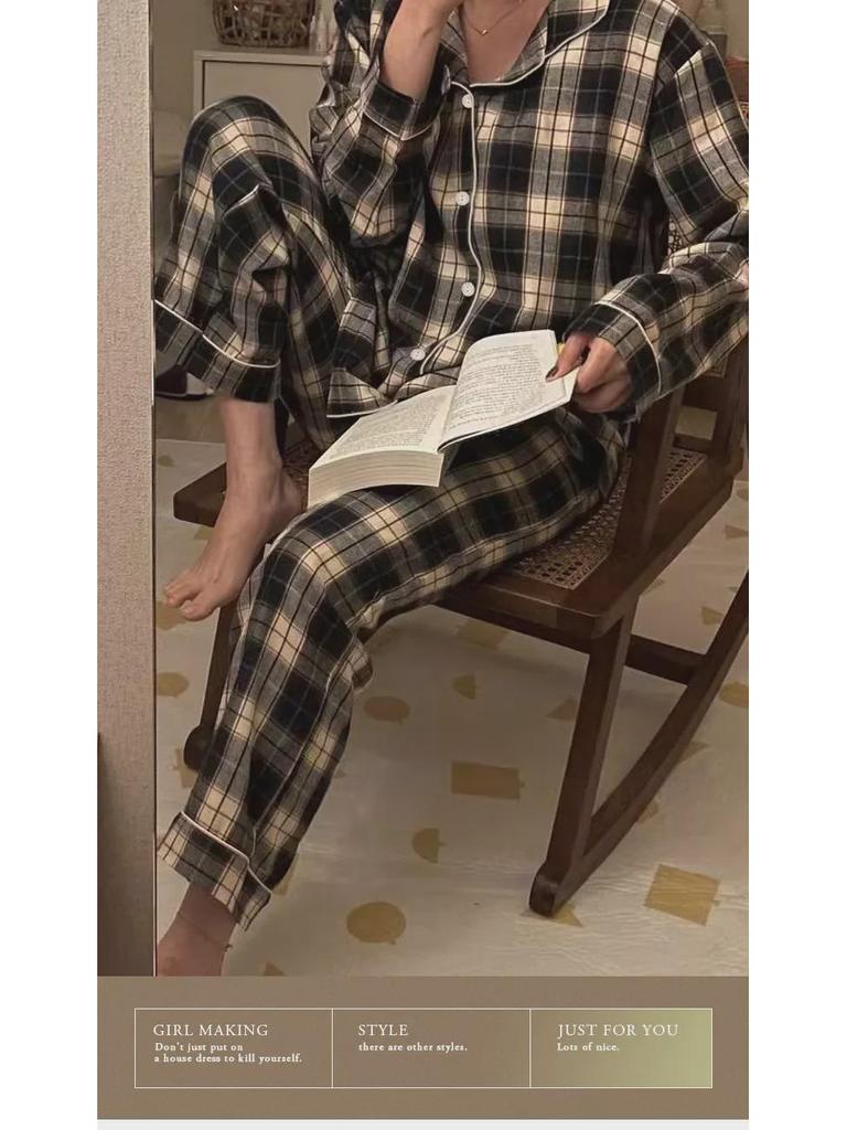 Dámská podzimní kostkovaná pyžamová souprava: Ležérní, Pohodlný, Tenký Styl, Kardigan s klopami, Dvoudílný pro domov