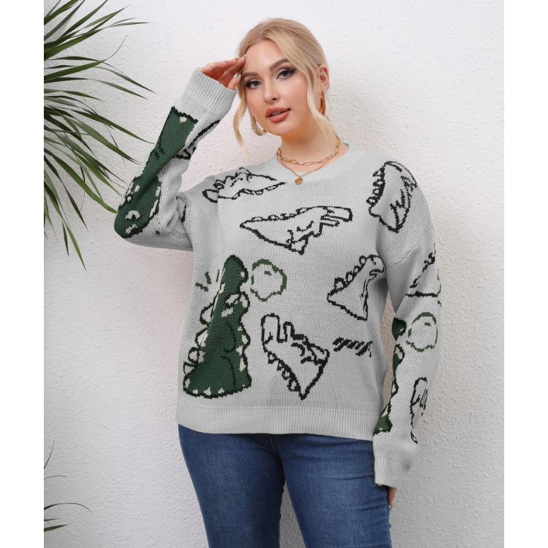 Plus Size Women S Thick Knit Dinosaur Print Pullover Sweater
