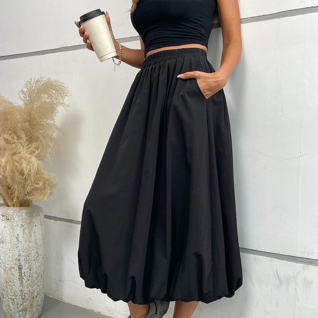 Damen Maxirock A-Linie mit hoher Taille und Taschen Elastischer Bund Lockere Passform Lässiger Langer Rock für den Alltag