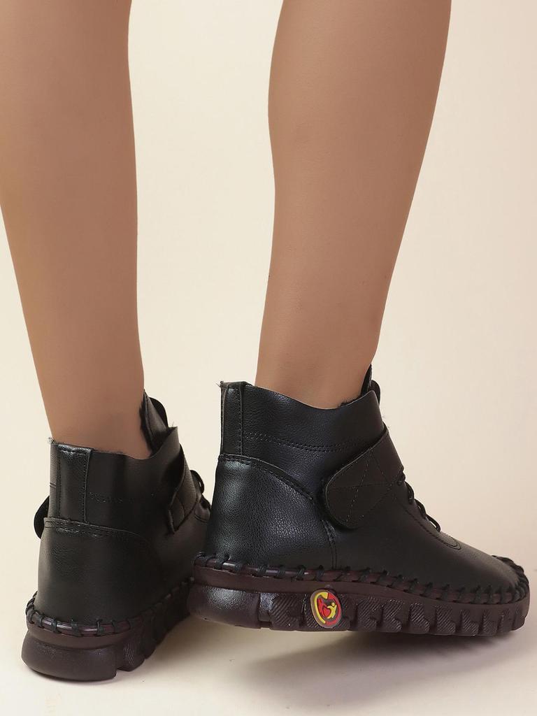 Botines de Invierno Forrados de Felpa para Mujer - Con Cordones, Punta Redonda, Cierre de Velcro, Tallas Grandes