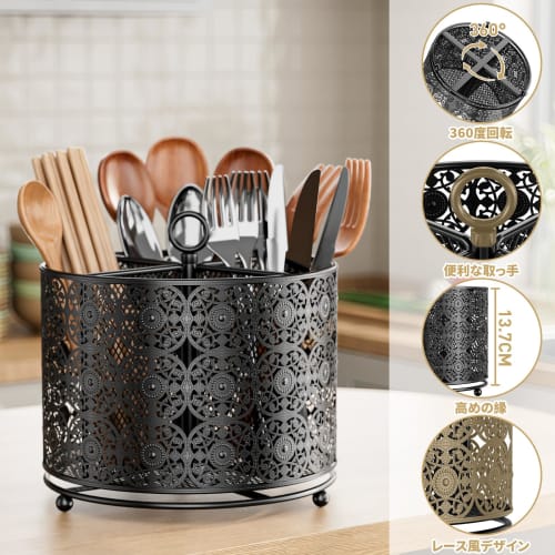 360-Degree Rotating Stainless Steel Chopstick Holder, Cutlery Stand with Large Capacity, Drainer, Handle, Disassembles and Cleans, Spoon Holder, Kitch