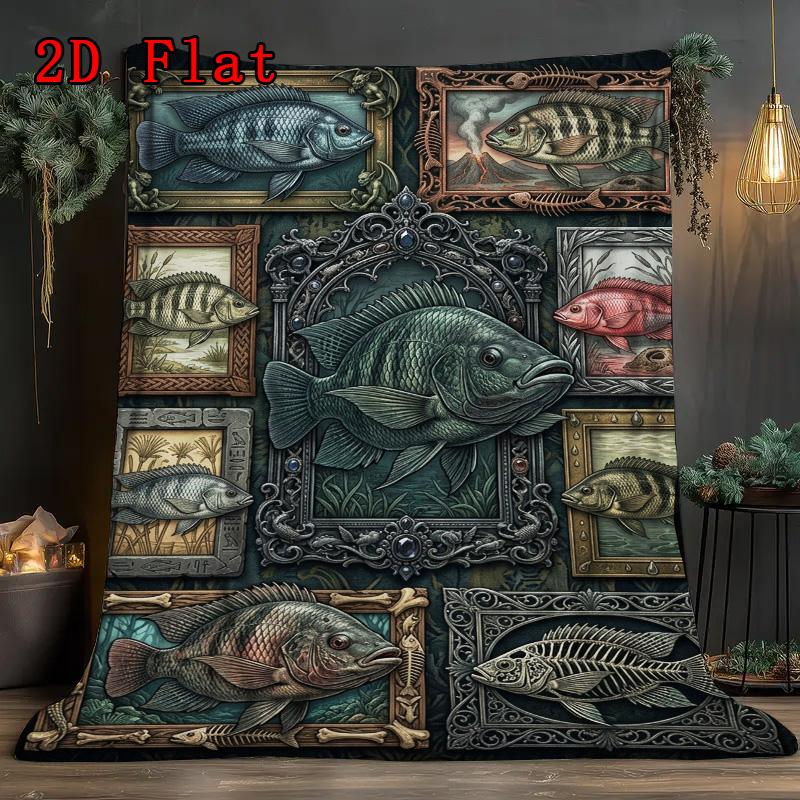 Fish Fantasies 2D Flat Pattern Flannel Blanket, High quality All Seasons, Home Decor, Warmth and Comfort, Perfect for Christmas Gifts.