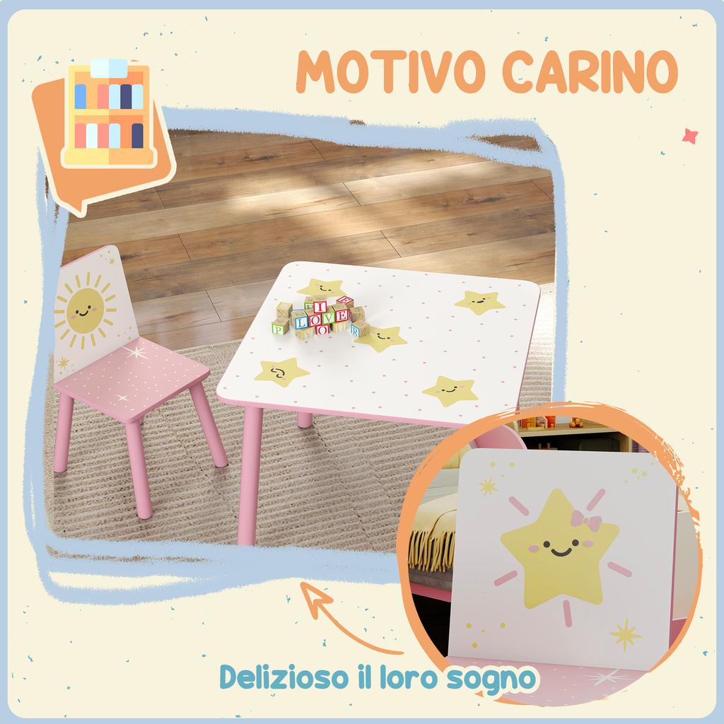 Children's Room Furniture Set with Table and 2 Chairs for Children Ages 3-8 with Star Pattern, Pink