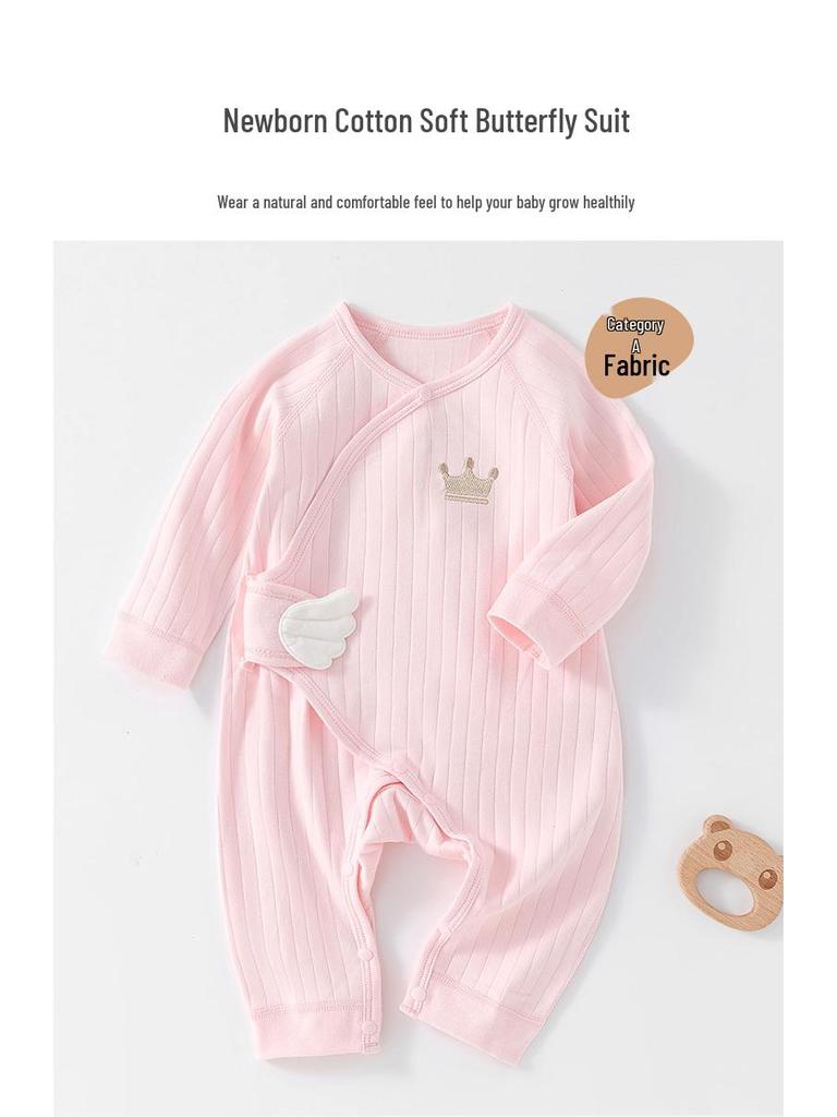 Long-Sleeved Cotton Lace-Up Baby Romper with Butterfly Design for Spring and Autumn