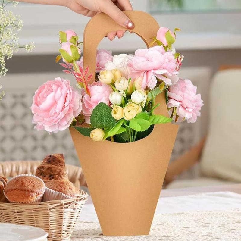 Flower Arrangement Bags with Top Handle, 12 Brown Paper Bouquet Wrap Bag for Carrying Flower, Packaging Party Favors, and Birthday, Wedding