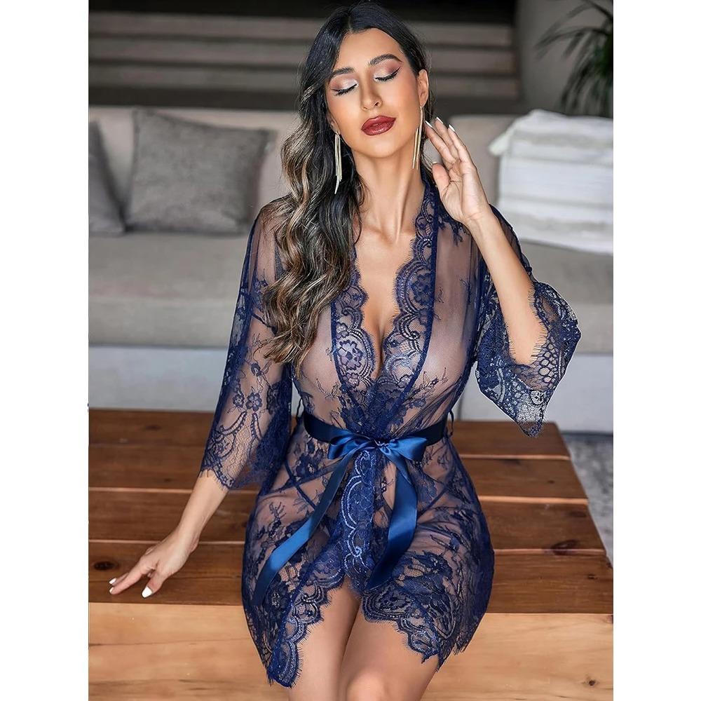 Rochie de Pijama din Dantelă Halat Kimono Femei Lenjerie Sexy Decolteu în V Transparent Îmbrăcăminte de Noapte Babydoll Halat Erotic Costum cu Tanga