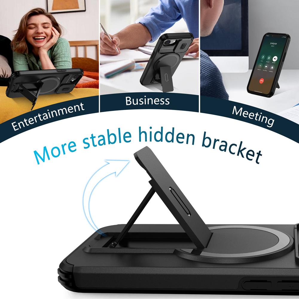 KEYSION Shockproof Armor Magnetic Case for iPhone 16e Silicone+PC Slide Camera Protect Kickstand Wireless Charging Phone Cover