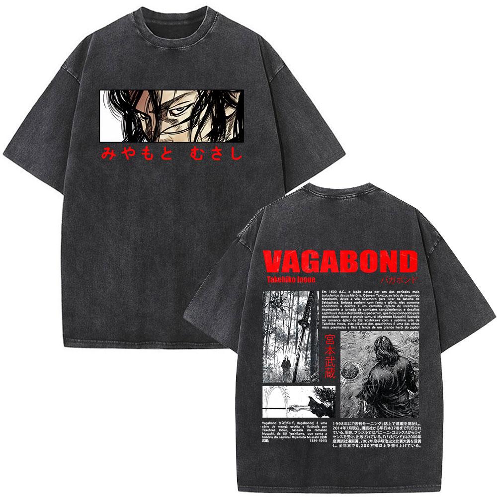 Japanese Anime Vagabond Miyamoto Musashi Vintage Washed Tshirts Men Women Clothing Fashion Retro Cotton Short Sleeve T Shirts