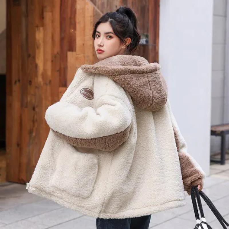 Winter Women's Warm Plush Thickened Hooded Coat Female Large Size Versatile Short Loose Lamb Wool Jacket