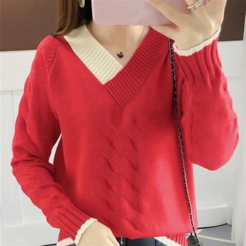 Dámský pletený svetr s výstřihem do V, barevným blokováním a spuštěnými rameny, volný střih, pulovr