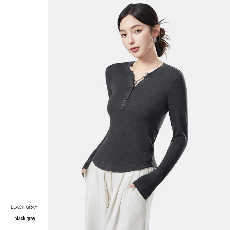 

Women s V-Neck Long-Sleeve Base Shirt - Autumn/Winter Warm Slim-Fit Knit Pullover Cardigan. L (115-130 lbs) чёрный/серый