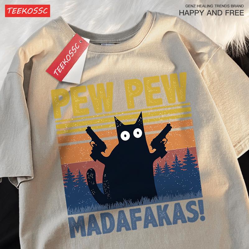 Pew Pew Madafakas Doppelpistole Katze Kurzarm Übergroße Atmungsaktive T-Shirts Baumwolle Sommerkleidung Street Casual T-Shirt Männer