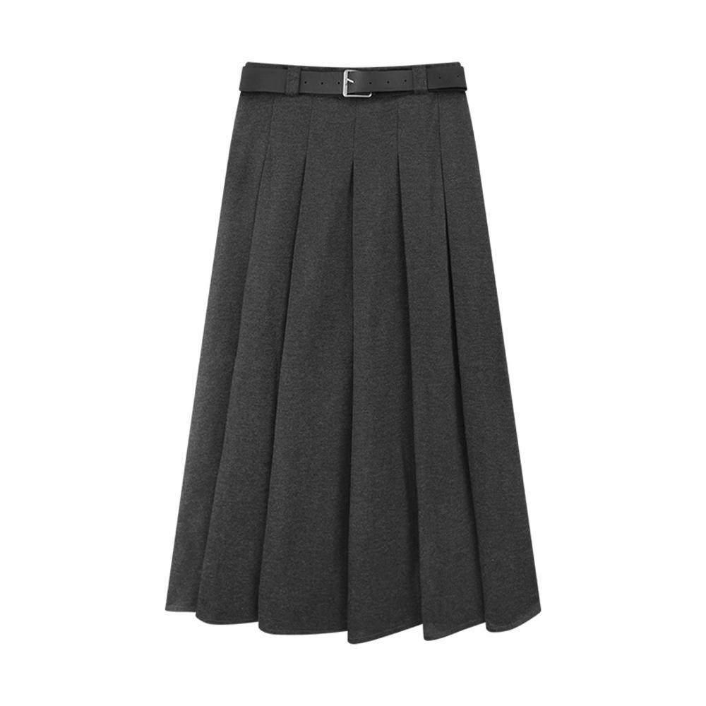 Women's Plus Size Gray Wool Blend High-Waisted Pleated Midi Skirt - Slimming Flowy Autumn Style