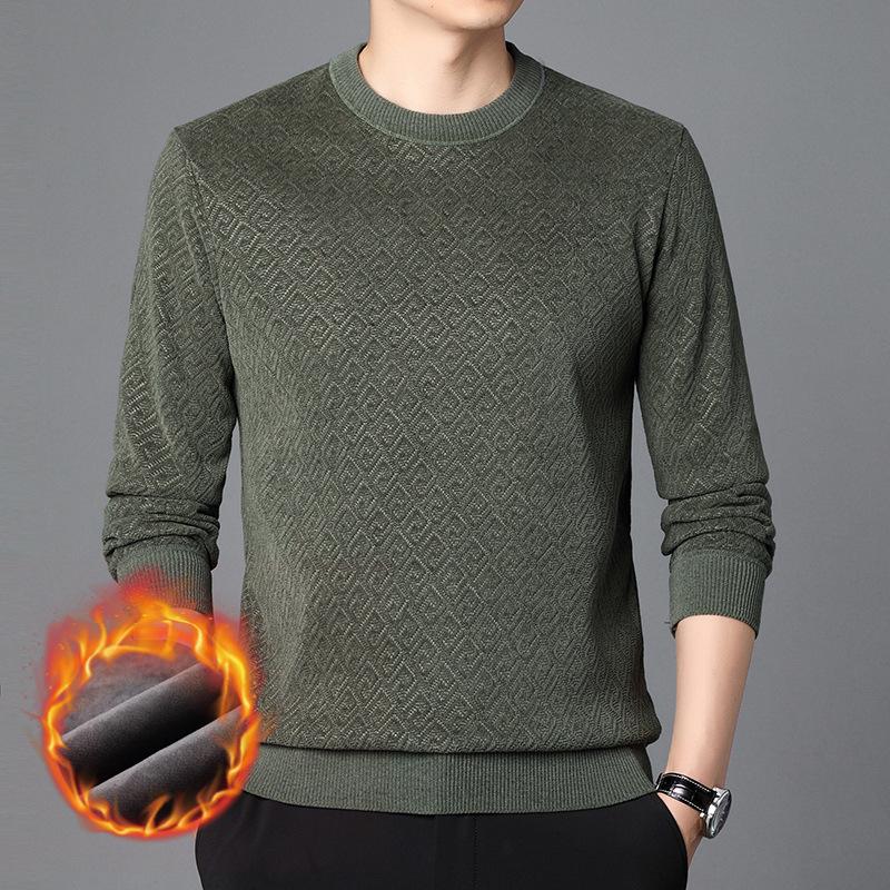 Winter Young and Middle-aged Men's Sweater with Velvet and Thickened Round Neck Warm Top, Fashionable and Versatile Solid Color Twist Pattern
