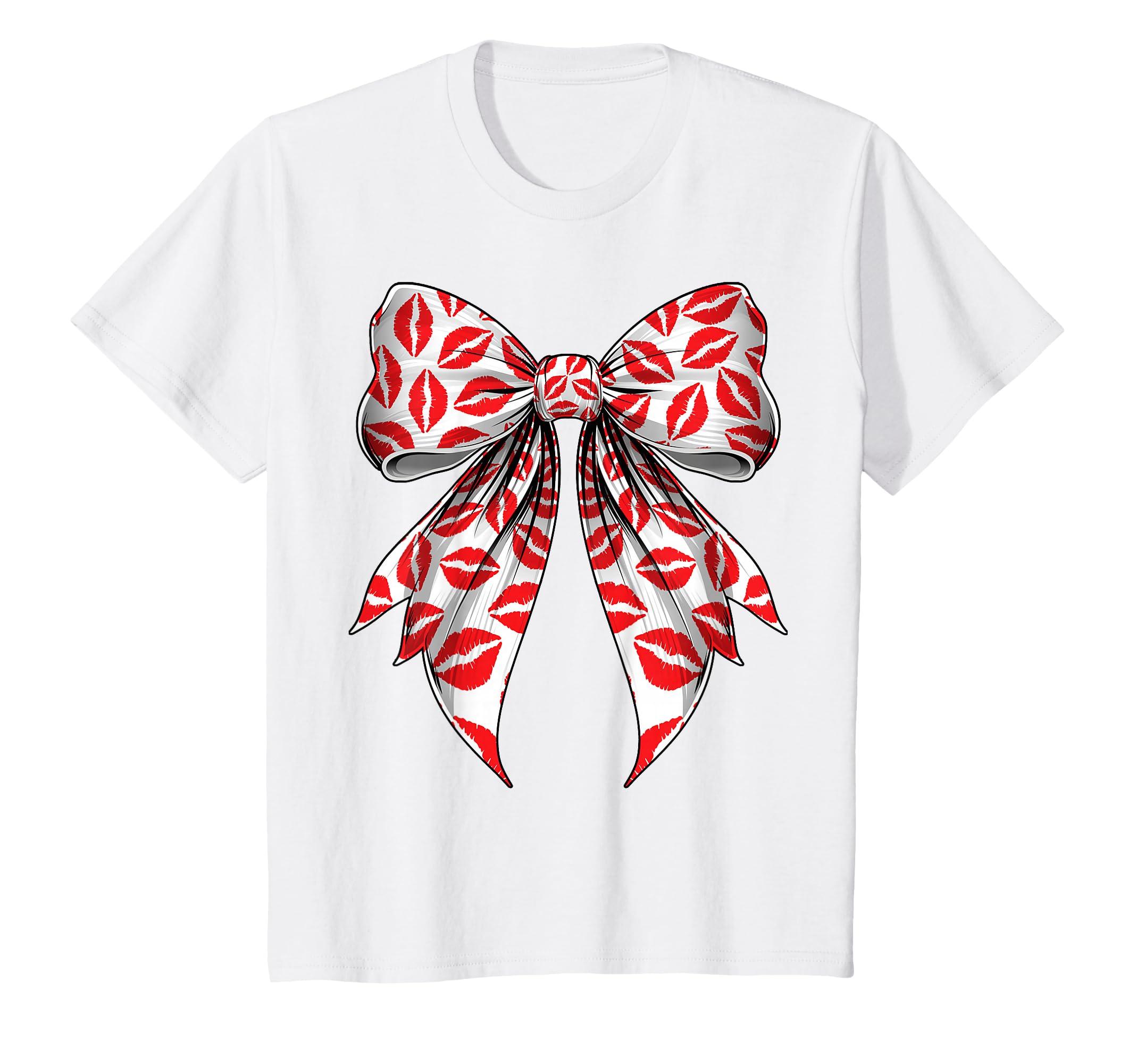 Coquette Bow Kisses Lipstick Mark Lips Valentine s Day Girl T-Shirt