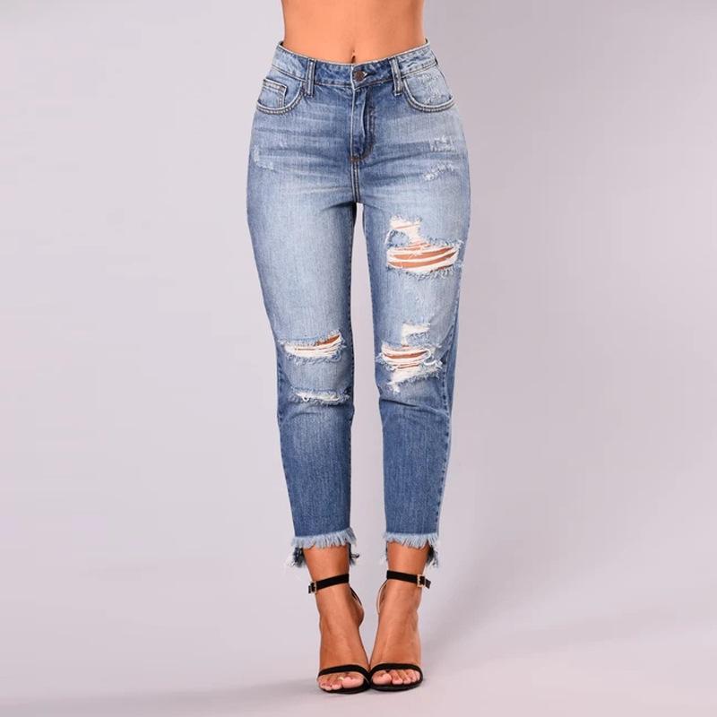 2024 Women's Cropped Jeans with Fashionable Holes and Irregular Pants