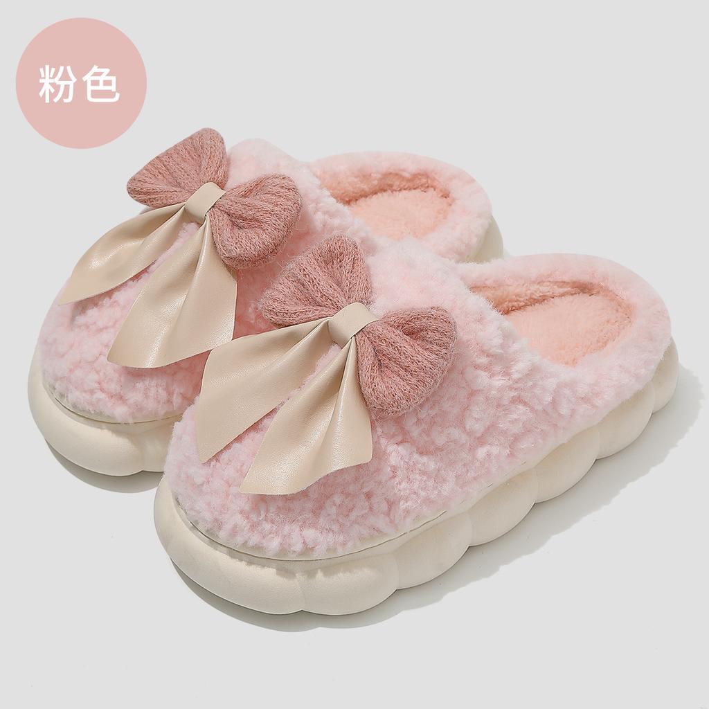 Bow-tie fluffy slippers winter cute indoor home home thick bottom plush warm cotton mop