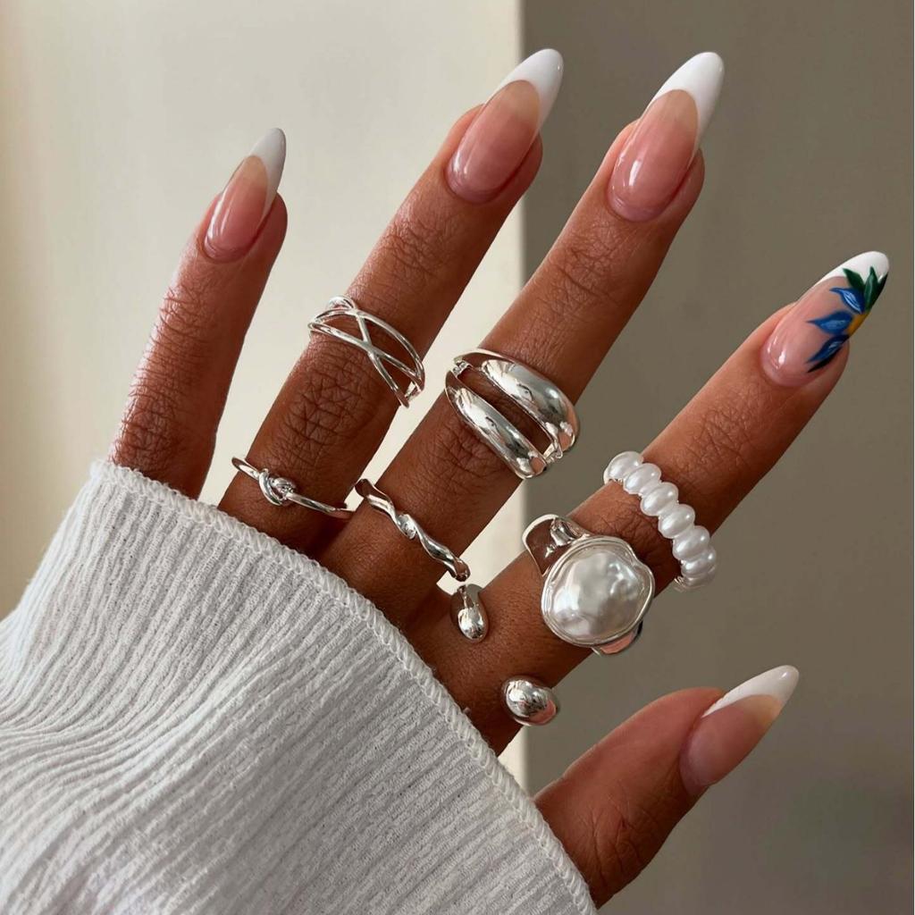 Trendy Multi-layer Winding Geometric Imitation Pearl Hollowed-out Cuff Rings Set for Women Metallic Minimalism Niche Chic Ring