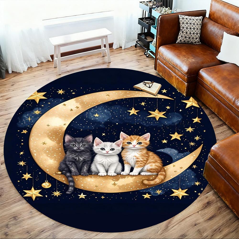 1PC Cats Moon Stars Round Chair mat Area Rug - Non-Slip, Floor Mat for Office, Bedroom, home decor Christmas Gift c0528045