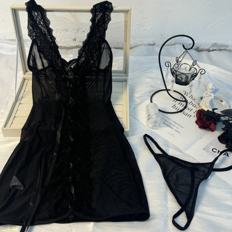 Lace V Neck Transparent Temptation Nightgown Erotic Pure Desire With Thong Underwear