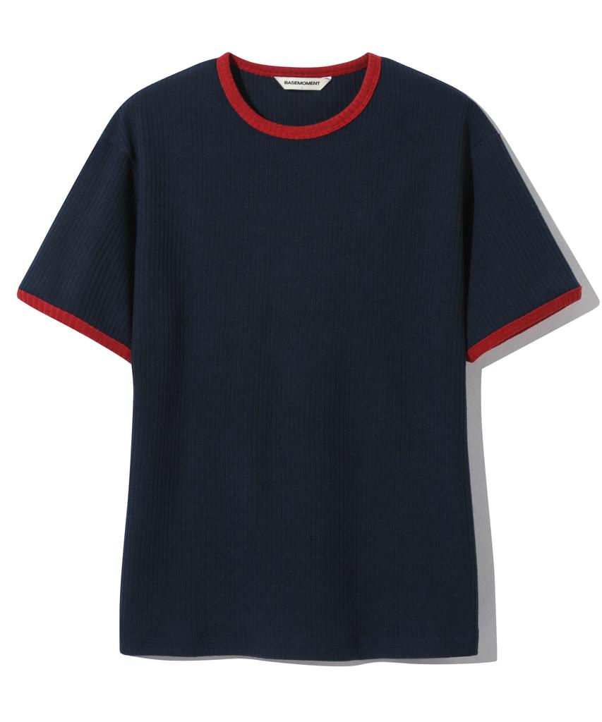 BASEMOMENT Muscle Fit Ribbed Ringer T-Shirt Navy