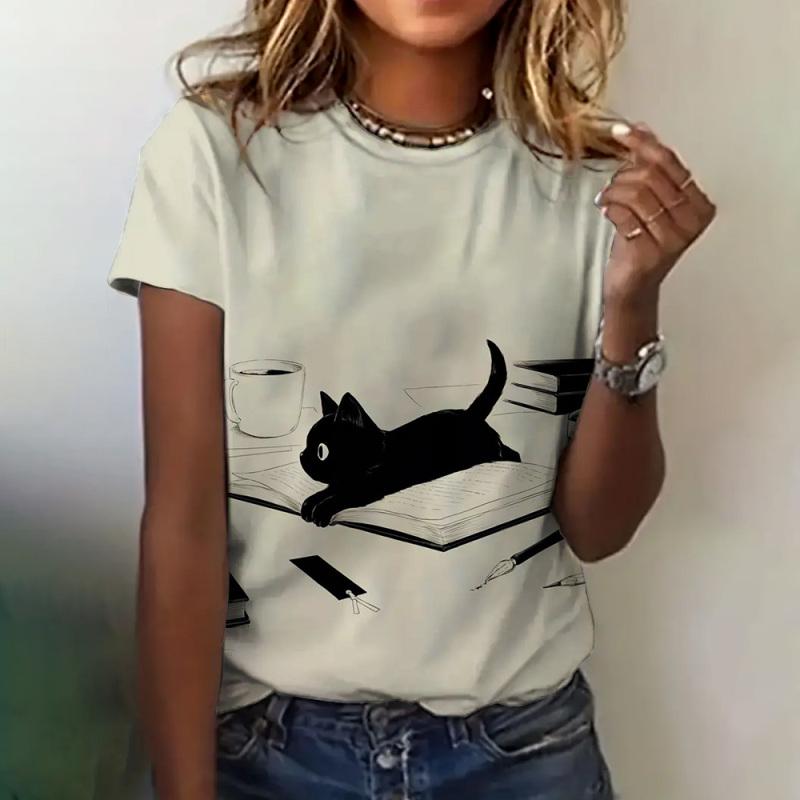 Tricou de damă Îmbrăcăminte coreeană Moda decolteu cu mânecă scurtă Top cu imprimeu de pisici Îmbrăcăminte lejeră de vară Tricou elegant pentru femei