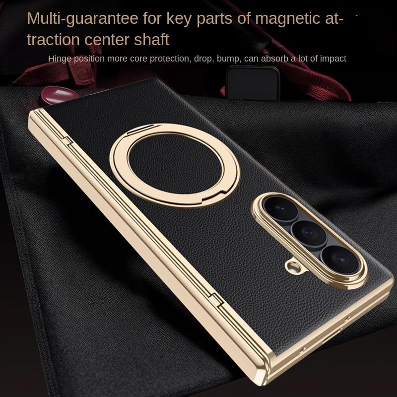 For Samsung Galaxy Z Fold 7  Leather 360° Swivel Bracket Magnetic Tempered Glass Front Membrane Anti-Drop Fingerprint Phone Case