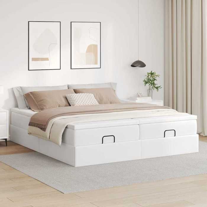 Cadre de lit ottoman - 160x200 cm - Similicuir blanc - Rangement sous le lit - Mécanisme hydraulique