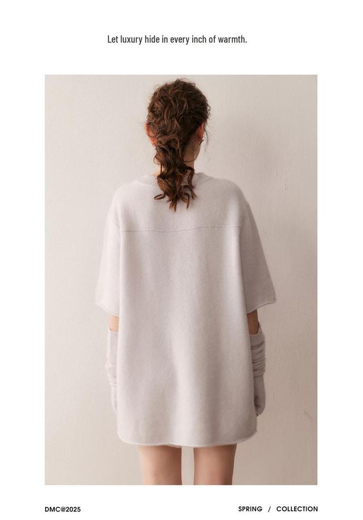 Women's Mid-Length Cashmere Knit Pullover - Five-Point Sleeves, Round Neck, Elegant Simplicity