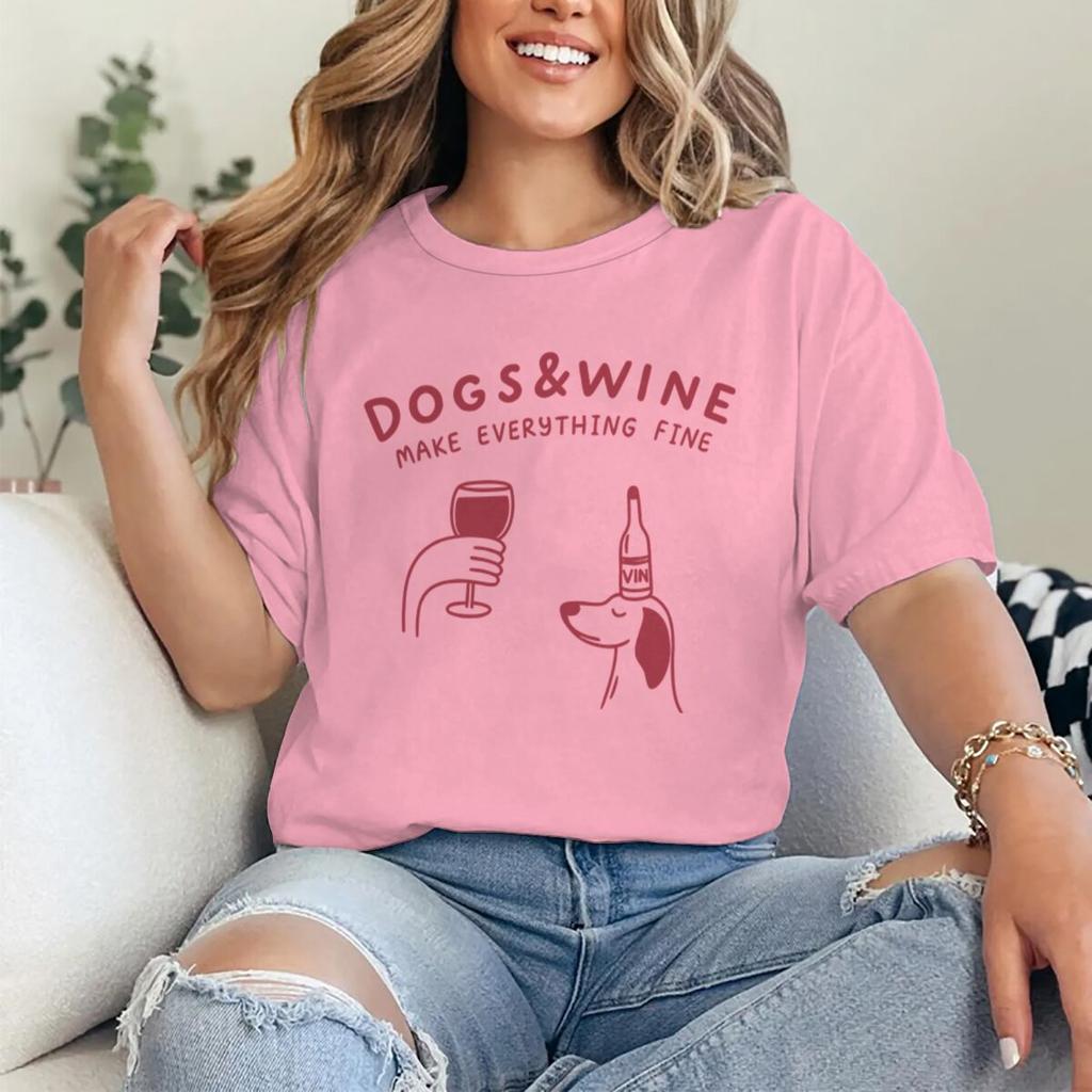 Hunde Und Wein Machen Alles Gut Lustige Vintage Grafik T-Shirts Tier Shirt Mode Hundemama T-Shirts Geschenke Damen Y2K Oberteile
