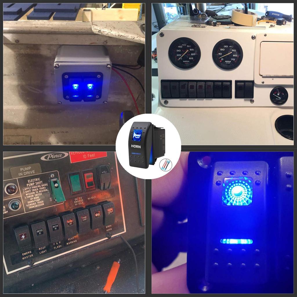 Momentary Horn Button Waterproof Rocker Switch Toggle - ON/OFF Blue LED Light - 12V 20Amp 24V 10Amp, 5 Pin For Automotive Cars Vehicles Marine Boats