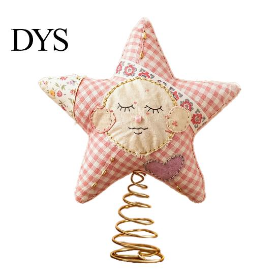 Plush Star Decor Christmas Tree Topper, Patchwork Stuffed Xmas Retro Pastoral Ornament for Winter Holiday Party Home Handmade Cloth Topper