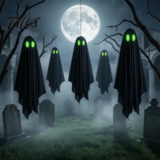 Durable Halloween Ghosts Hanging Ghost Outdoor Decoration, Spooky Black Fabric with Green Tree Decorations Eyes for Outside Tree, Porch, Yard,