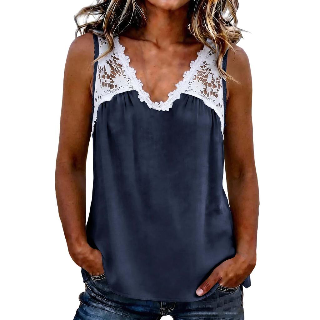 Haut sans manches en dentelle patchwork à col en V pour femme, chemisier décontracté à coupe ample, tissu léger et doux, chemise d'été pour un usage quotidien