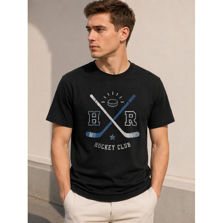 Men's Black Hockey Club Graphic Tee, Short Sleeve Crew Neck Cotton Blend T-Shirt with Crossed Sticks & Puck Print, Relaxed Fit for Casual Sports Fans