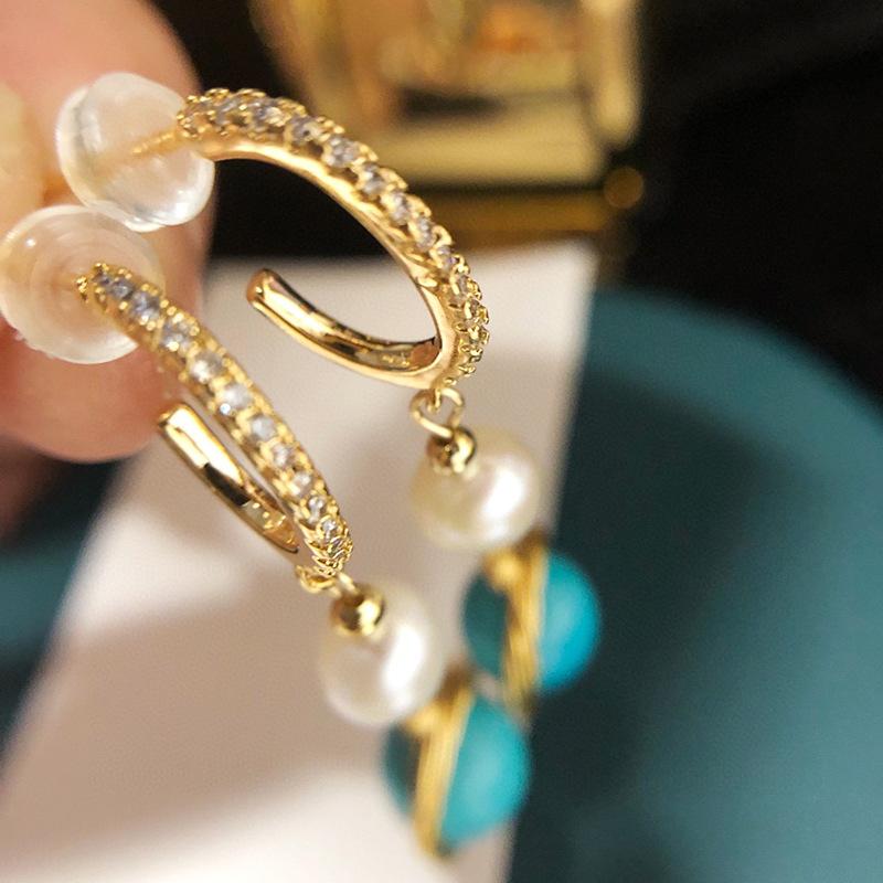 Natural Freshwater Pearl Earrings 11k Gold Inlay Fashionable Light Luxury High-end Hand-wound Turquoise Long Earrings