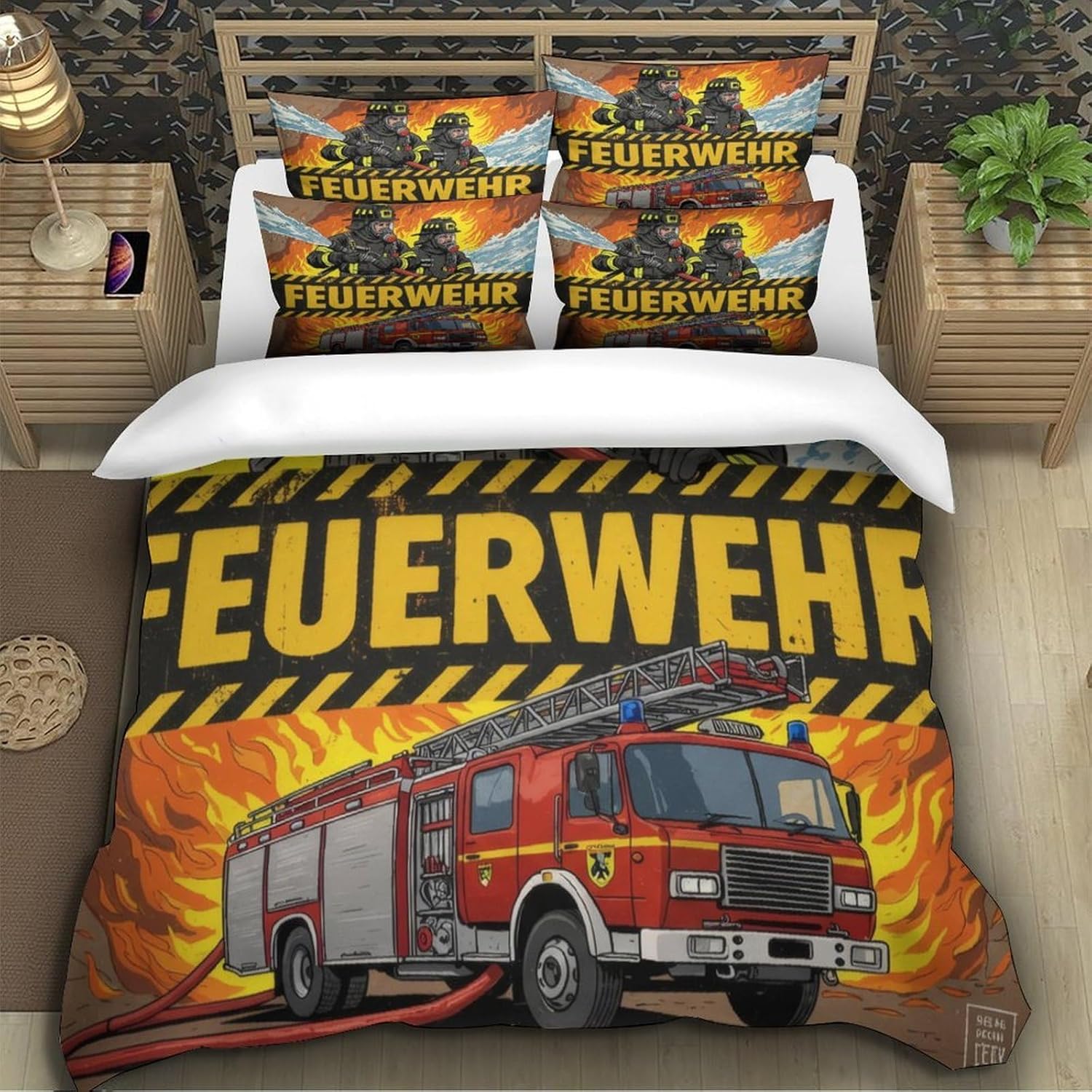 3D Weiche Mikrofaser Feuerwehrmann im Bettbezug-Set Ganzjahres-Bettwäscheset mit Kissenbezügen Heroische Notfallrettung Bettwäschesets 90×200cm&Duvet Cover