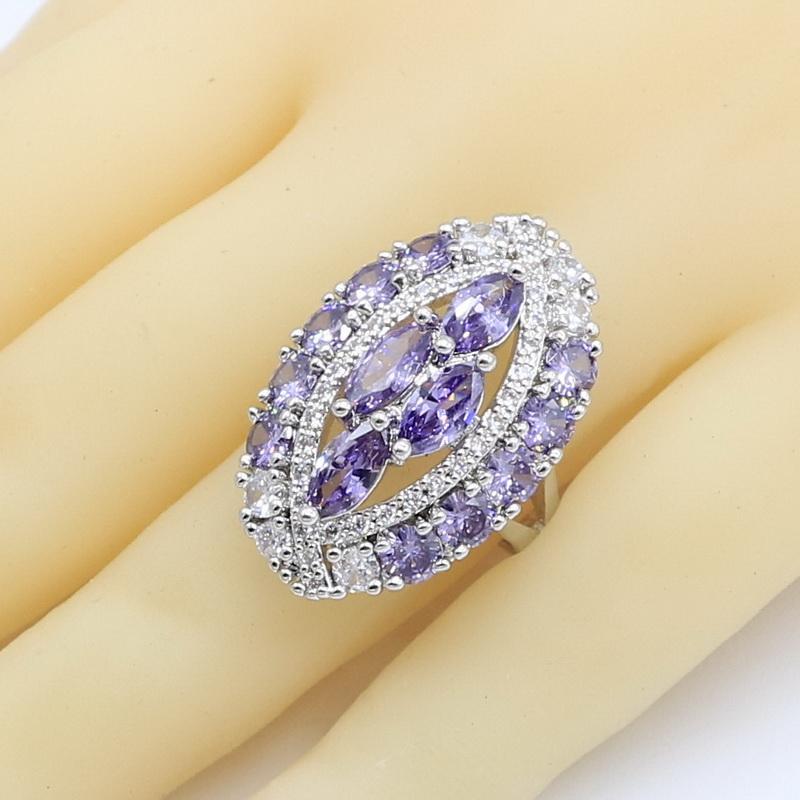 Geometrische Lila Zirkon Farb Schmucksets Für Frauen Armband Ohrringe Halskette Anhänger Ring Hochzeit Geburtstagsgeschenk