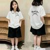 Girls' Trendy Polo T-Shirt Set - Short-Sleeve Lapel Shirt and Casual Summer Two-Piece for Medium and Large Children.