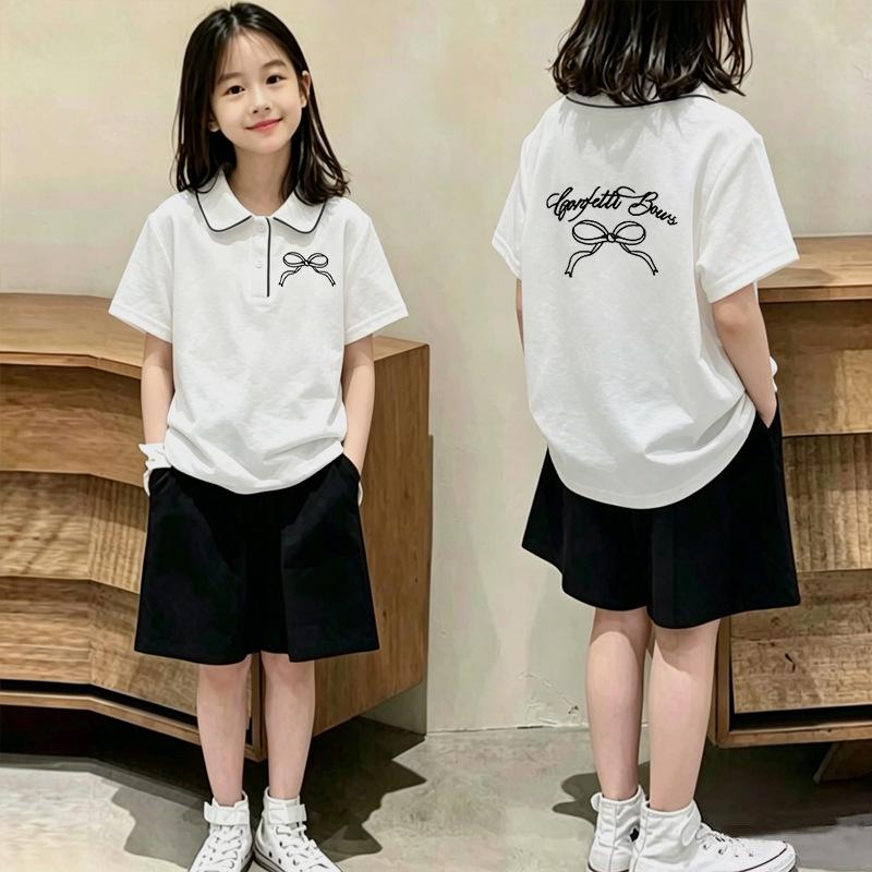 Girls' Trendy Polo T-Shirt Set - Short-Sleeve Lapel Shirt and Casual Summer Two-Piece for Medium and Large Children.