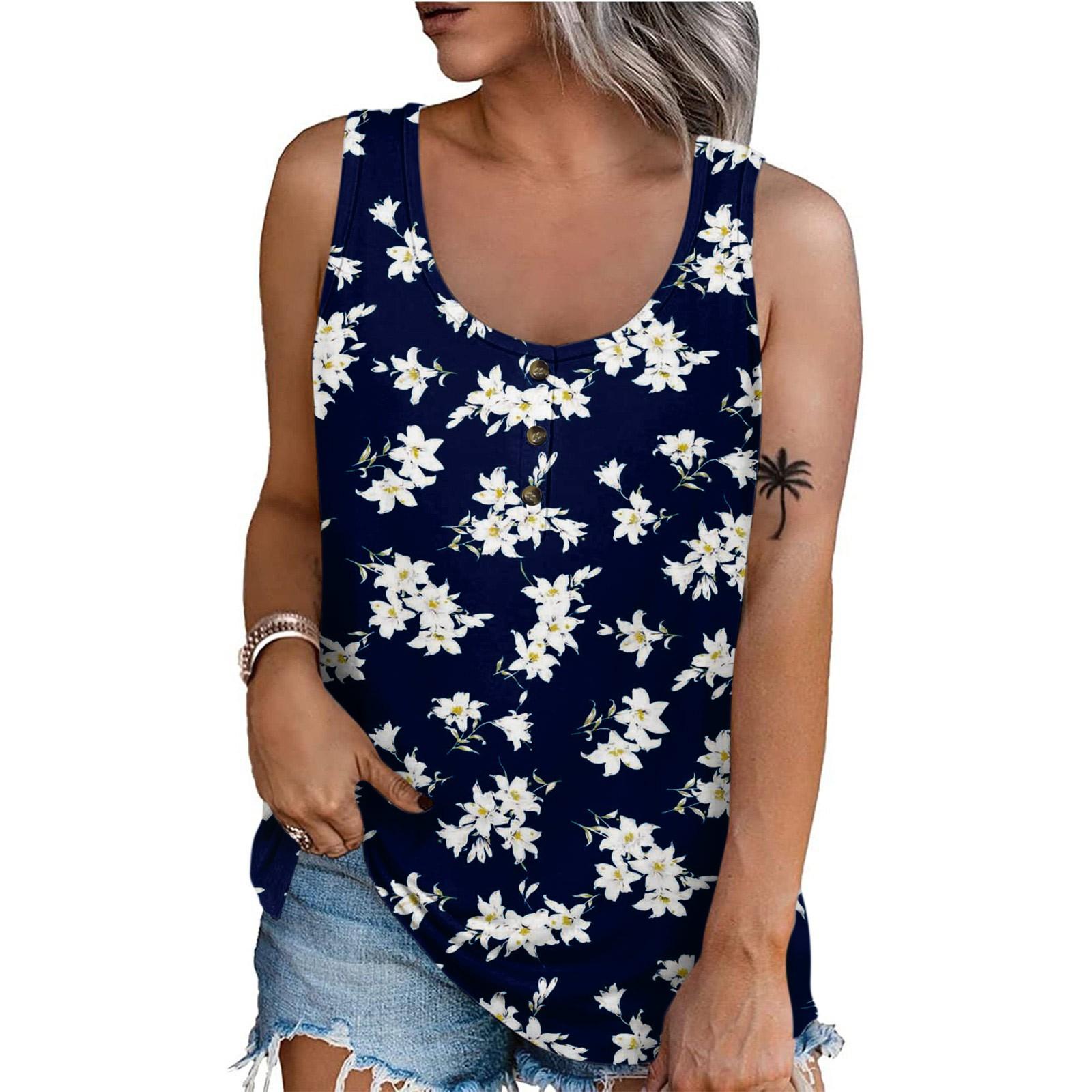 

Женская летняя повседневная футболка без рукавов с цветочным принтом и круглым вырезом, топы, блузка M темно-синий