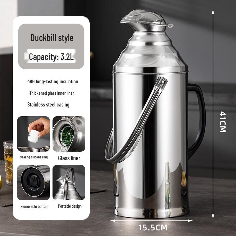 Classic Stainless Steel Thermos Kettle with Glass Liner, 3.2L