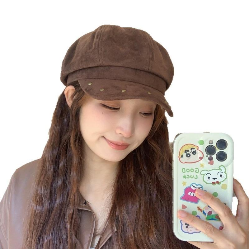 Women S Suede Rivet Metal Fashion Octagonal Hat For Large Head Circumference