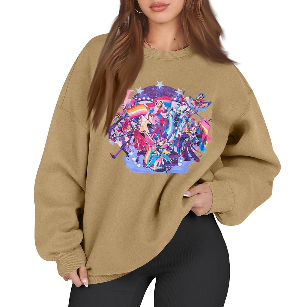 Women's Fashion Long Sleeve Print Round Neck Loose Pullover Sweater Top