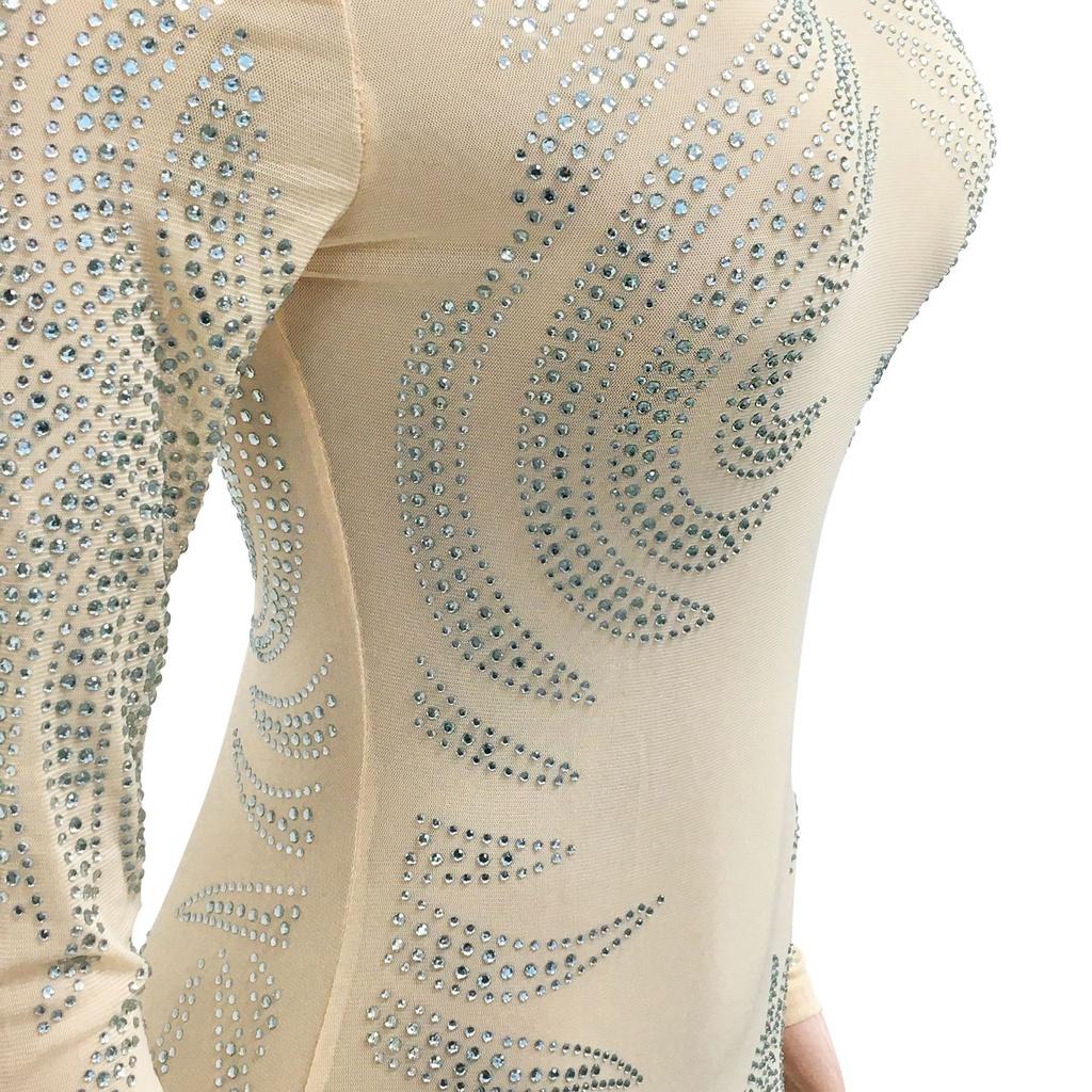 Kvinner Elegant Langermet Rhinestone Rundhals Mesh Gjennomsiktig Brude Maxi Lang Kjole Vert Bryllup Brud Brudepiker Festkjoler